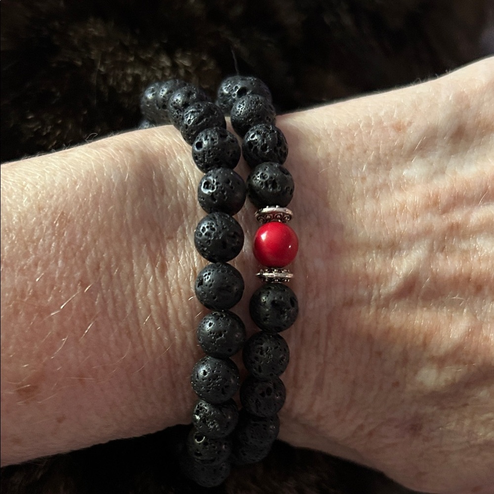 Black Lava Stone Bracelet with Red Accent Bead